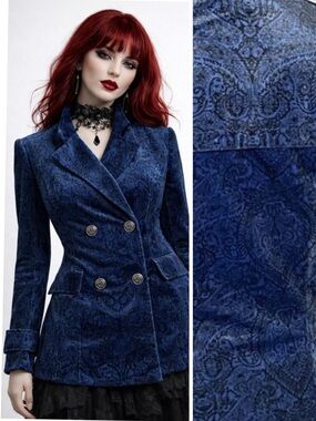 RUNWAY NY Paisley Print Velvet Classic Double Breasted Pea Coat Jacket Blue S